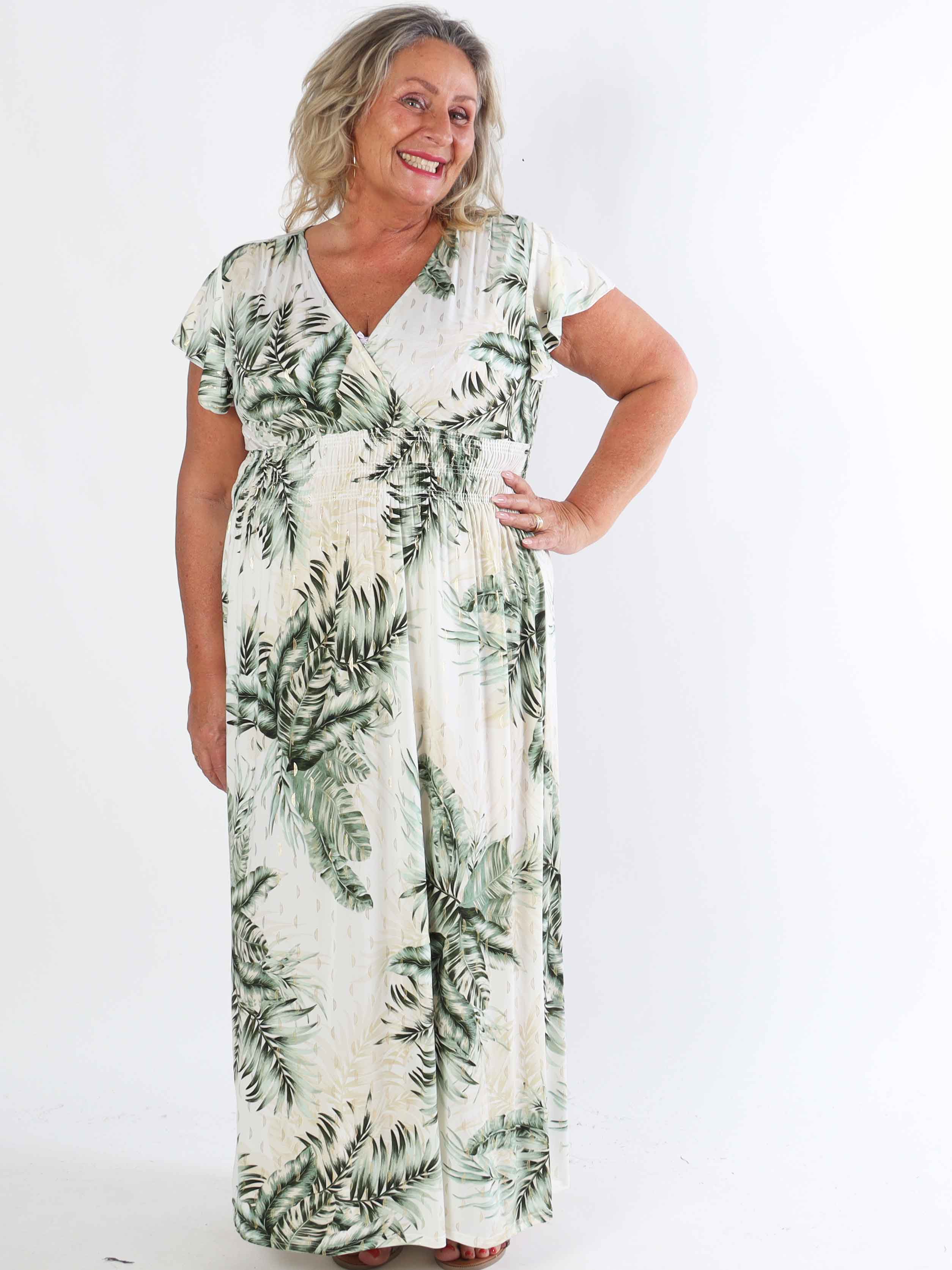 Palma - Plus size elastisk kjole med blade og flæseærmer